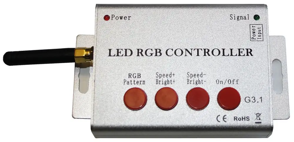 Controller zur Steuerung von RGB-LEDs mit Tasten für RGB-Muster, Helligkeit und Geschwindigkeit. Gerät von Grünbeck mit Signal- und Stromanzeigen.